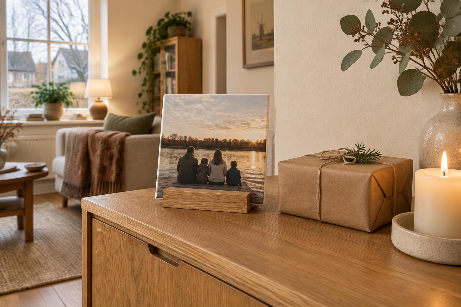 Een fototegeltje in een houten standaard naast een ingepakt cadeau en een kaars in een warme woonkamer