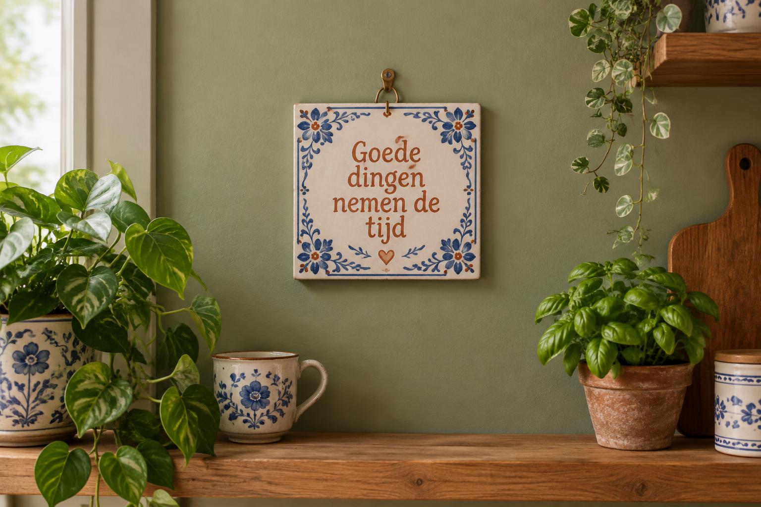 Een tegeltje met Delftsblauwe bloemenrand en de tekst Goede dingen nemen de tijd aan een groene keukenmuur
