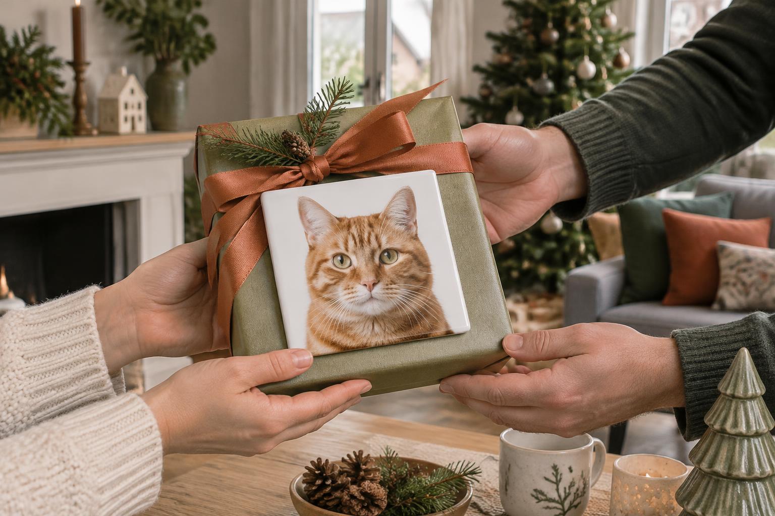 Een fototegeltje met een kat wordt als kerstcadeau gegeven in een woonkamer