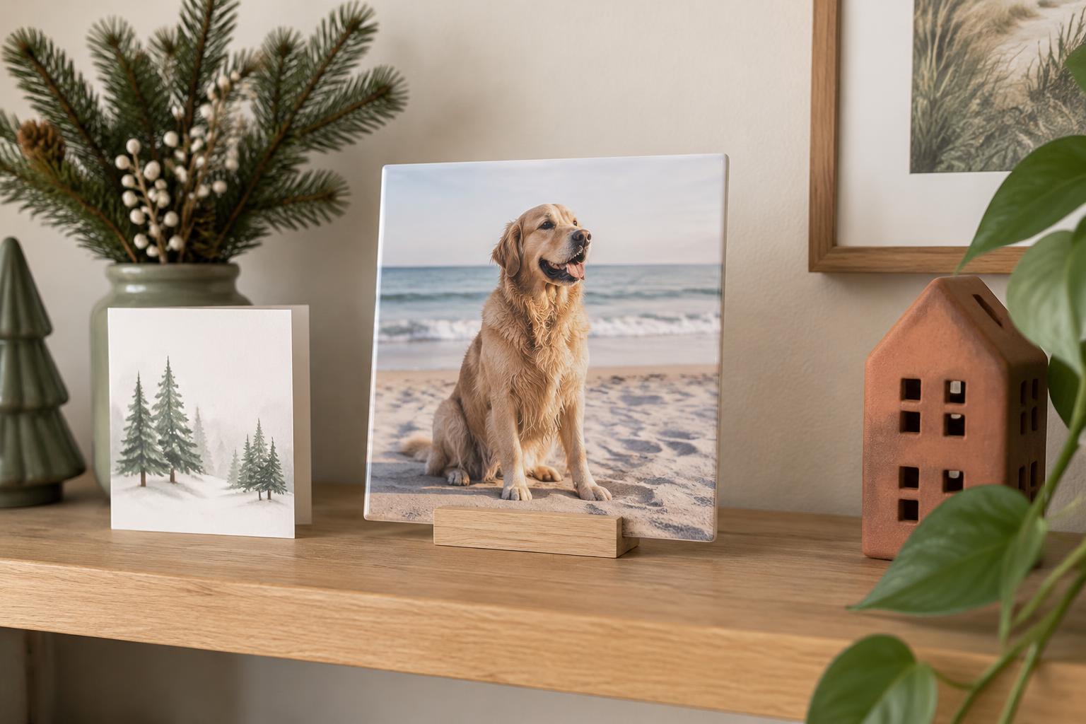 Een fototegeltje met een hond op het strand staat in een houten standaard op een plank met kerstdecoratie
