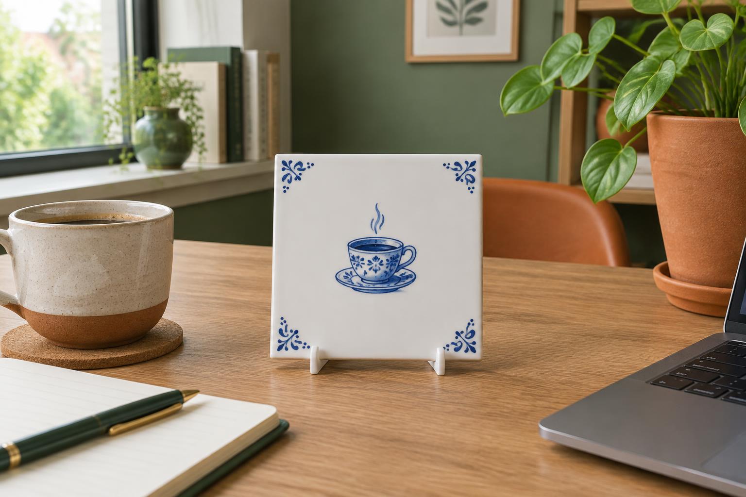 Een blauw-wit koffietegeltje in een kleine witte standaard op een bureau
