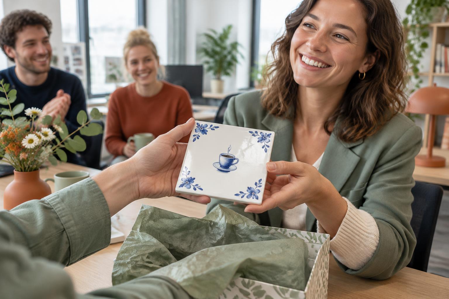 Een collega krijgt een keramisch tegeltje met blauwe bloemen en een koffiekopje cadeau