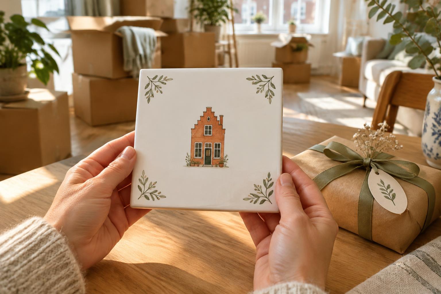 Een tegeltje met een huisillustratie en groene hoekdetails wordt in een nieuw huis cadeau gegeven