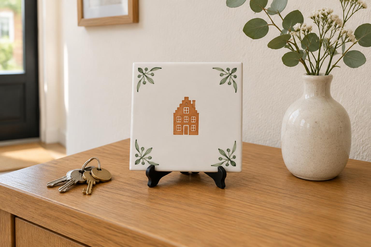 Een huistegeltje in een kleine zwarte standaard op een haltafel naast sleutels en een vaas