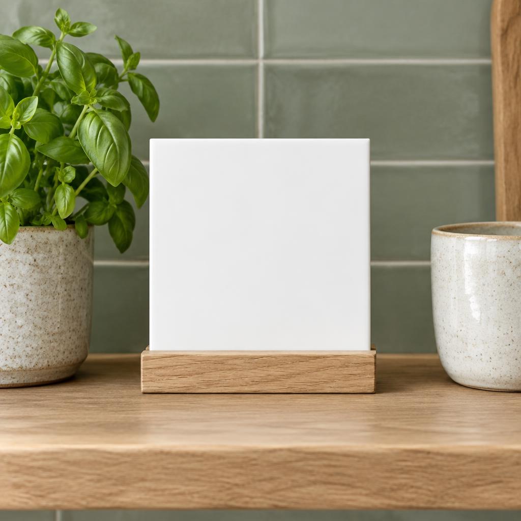 Tegeltje in de keuken, houten standaard