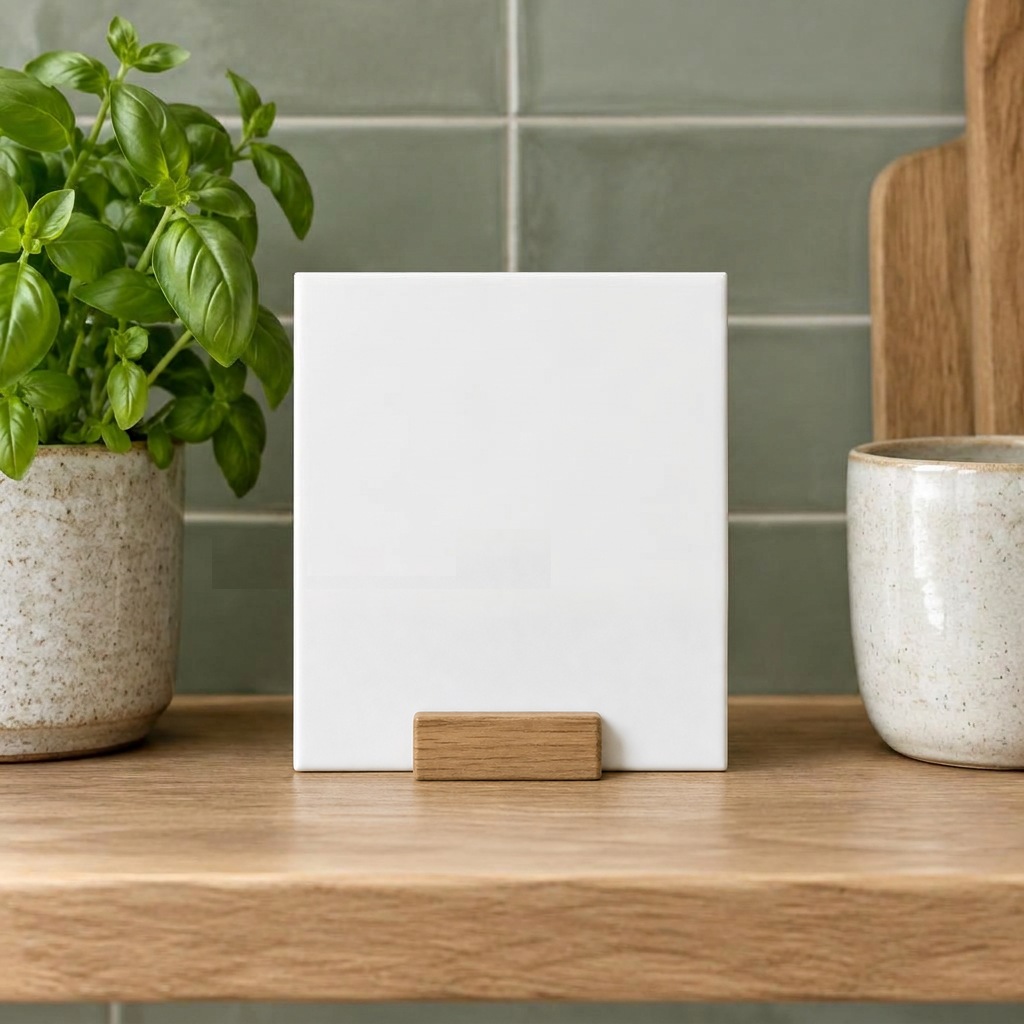 Tegeltje in de keuken, houten standaard
