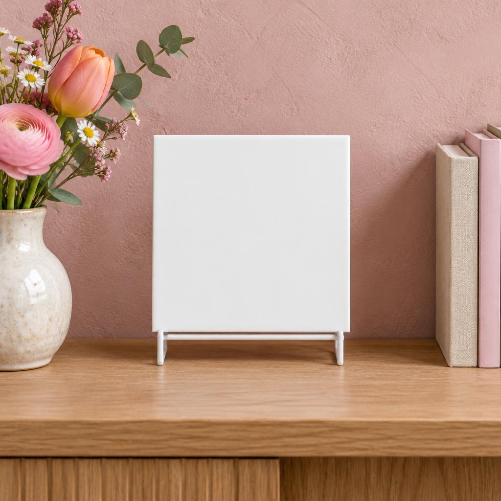 Tegeltje in de woonkamer, witte standaard