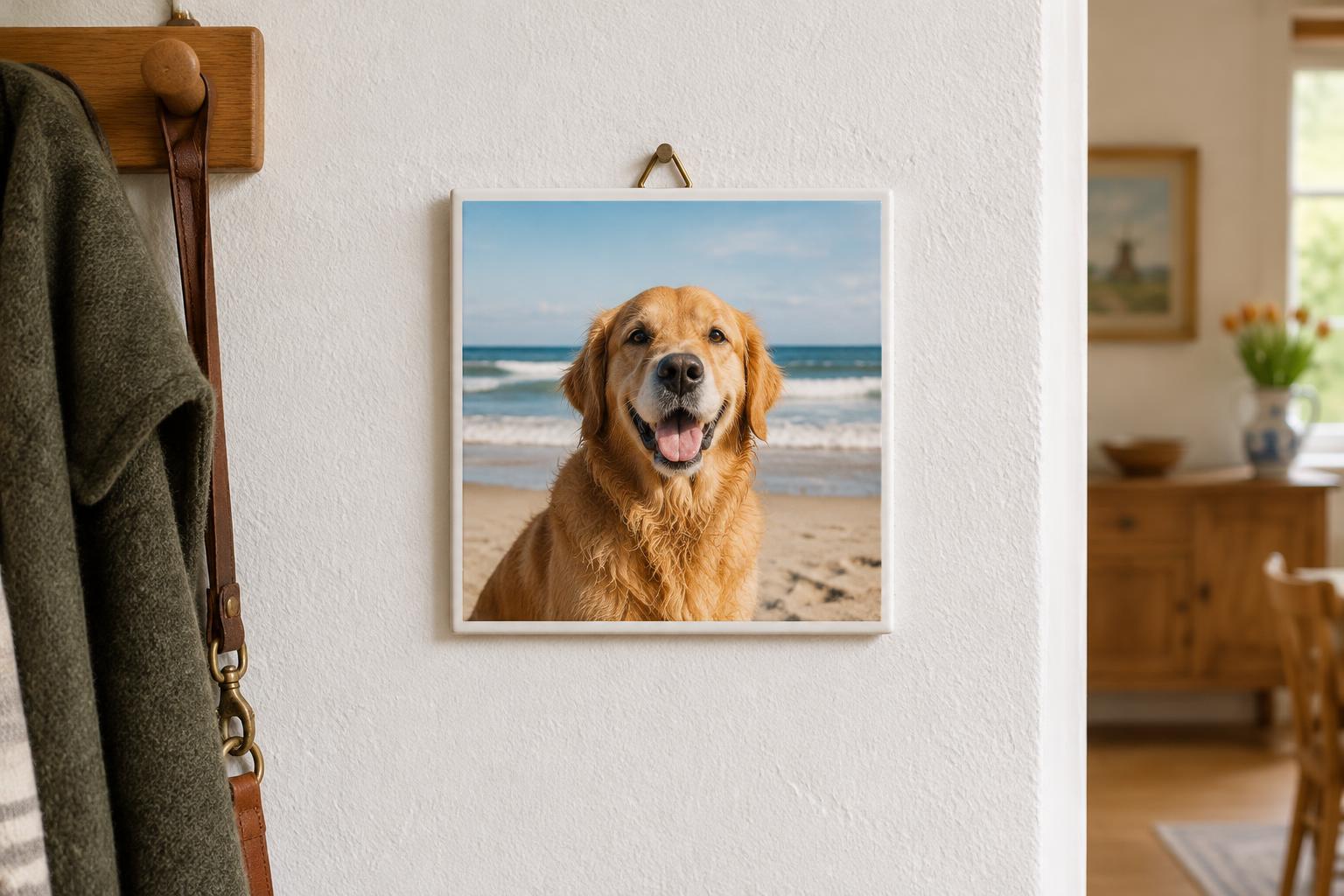 Een keramisch fototegeltje van een golden retriever op het strand hangt aan een lichte muur